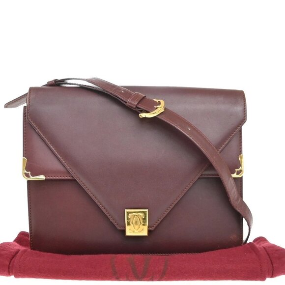 MUST DE CARTIER 2C Logo Double Flap Shoulder Bag Leather Red GHW Spain 67MA239